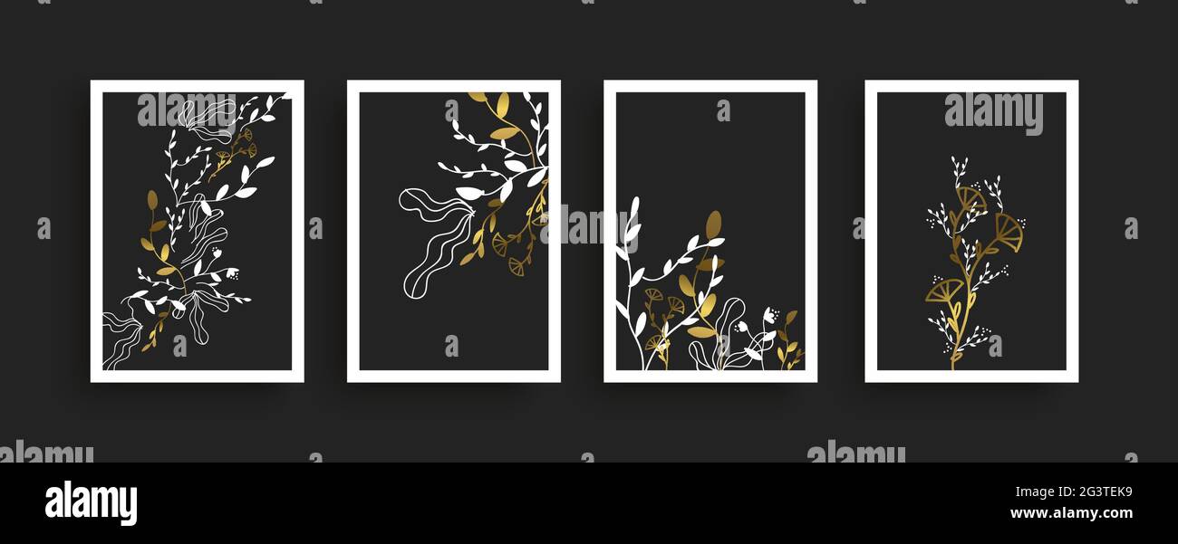Decorazione naturale in foglia di pianta disegnata a mano in colore nero e oro. Set di lusso con dima illustrativa, collezione minimalista di sfondo dorato. Illustrazione Vettoriale