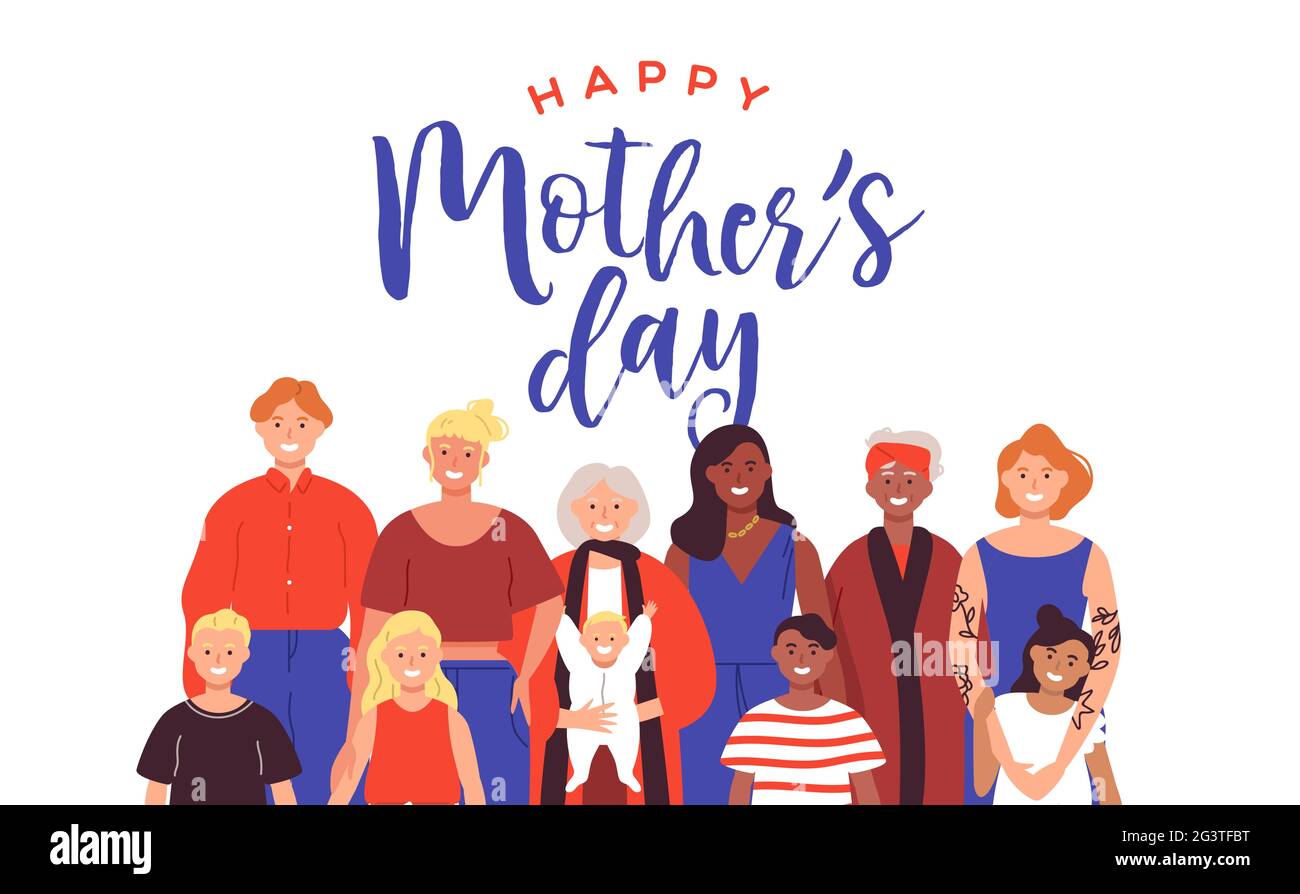 Felice Festa della Mamma card illustrazione per la madre speciale vacanza. Varie Gruppo mom con la nonna, bambini e. Illustrazione Vettoriale