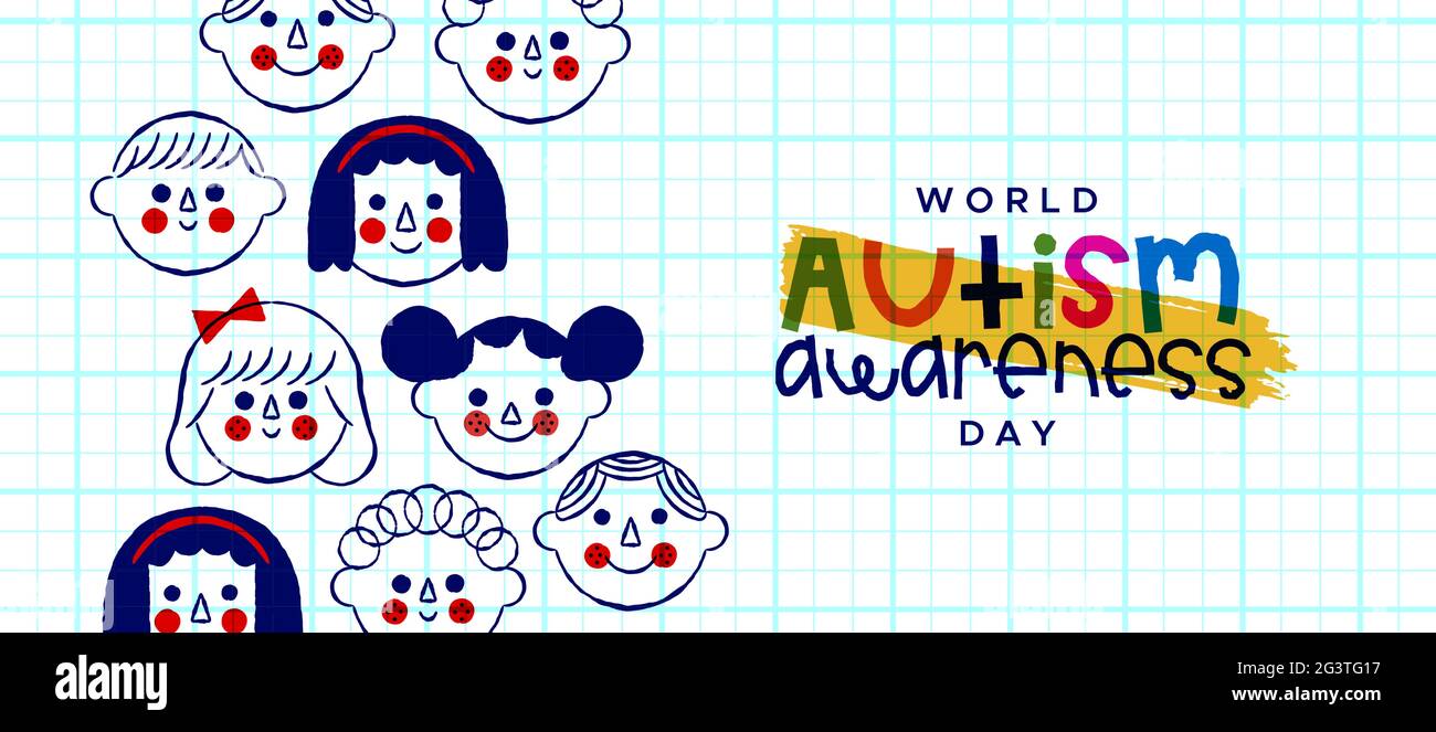 Cartoncino di saluto World Autism Awareness Day illustrazione dei volti dei cartoni animati felici dei bambini in stile disegnato a mano. Concetto di supporto all'educazione autistica per apri Illustrazione Vettoriale