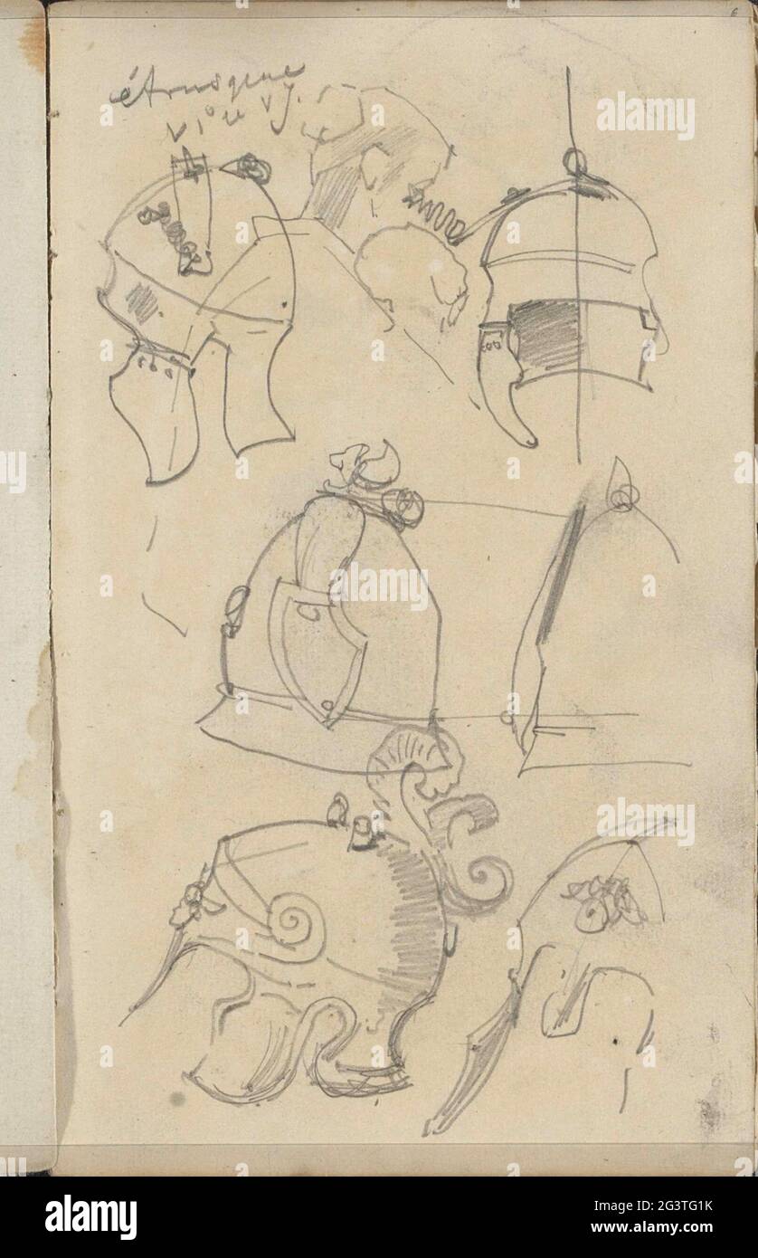 Caschi etruschi del VI secolo a.C. Pagina 6 da un libro di schizzo con 25 fogli. Foto Stock