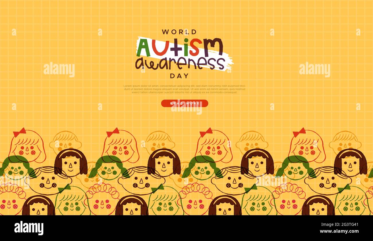 World Autism Awareness Day web template illustrazione di diversi colorati volti cartoon bambini in stile vintage disegnati a mano. Suppor di educazione autistica Illustrazione Vettoriale