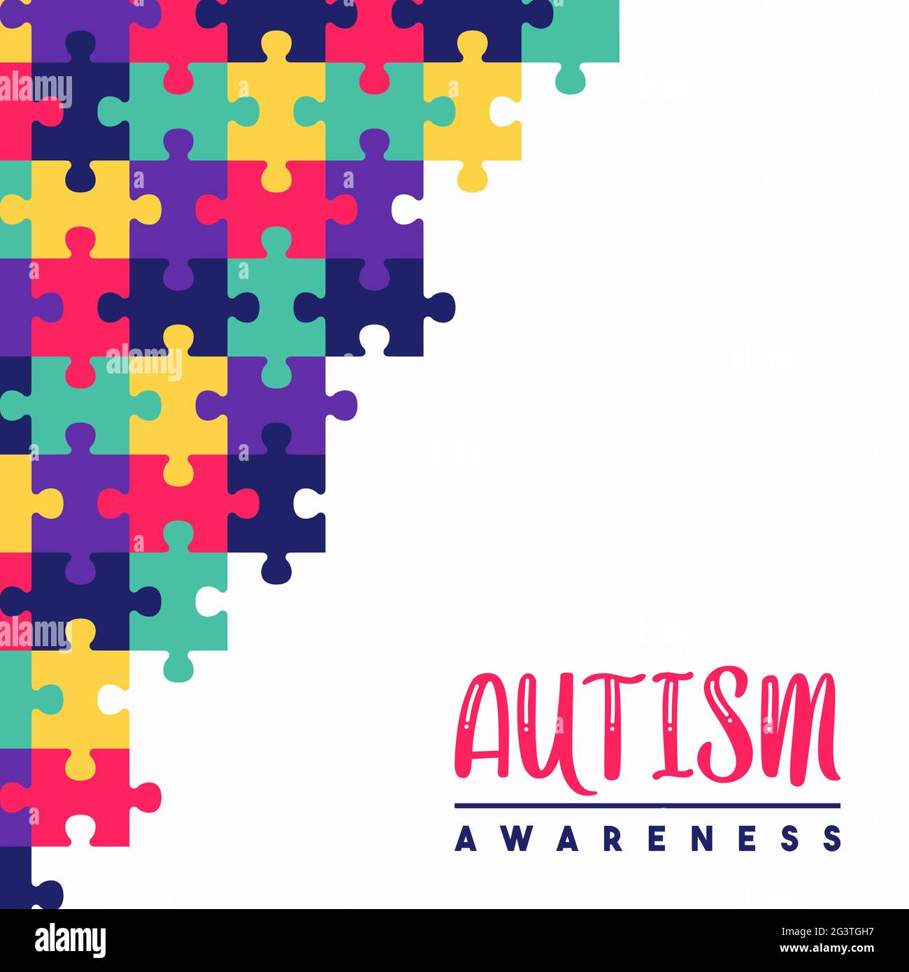 Autismo giorno di consapevolezza biglietto di saluto illustrazione di sfondo pezzo puzzle colorato. Concetto di educazione dei bambini, capacità di apprendimento diverse. Evento di supporto Illustrazione Vettoriale