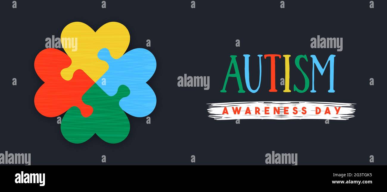 Autismo giorno di consapevolezza banner web illustrazione di puzzle colorato gioco fatto con forma del cuore. Concetto di amore per la famiglia, supporto psicologico o istruzione desig Illustrazione Vettoriale