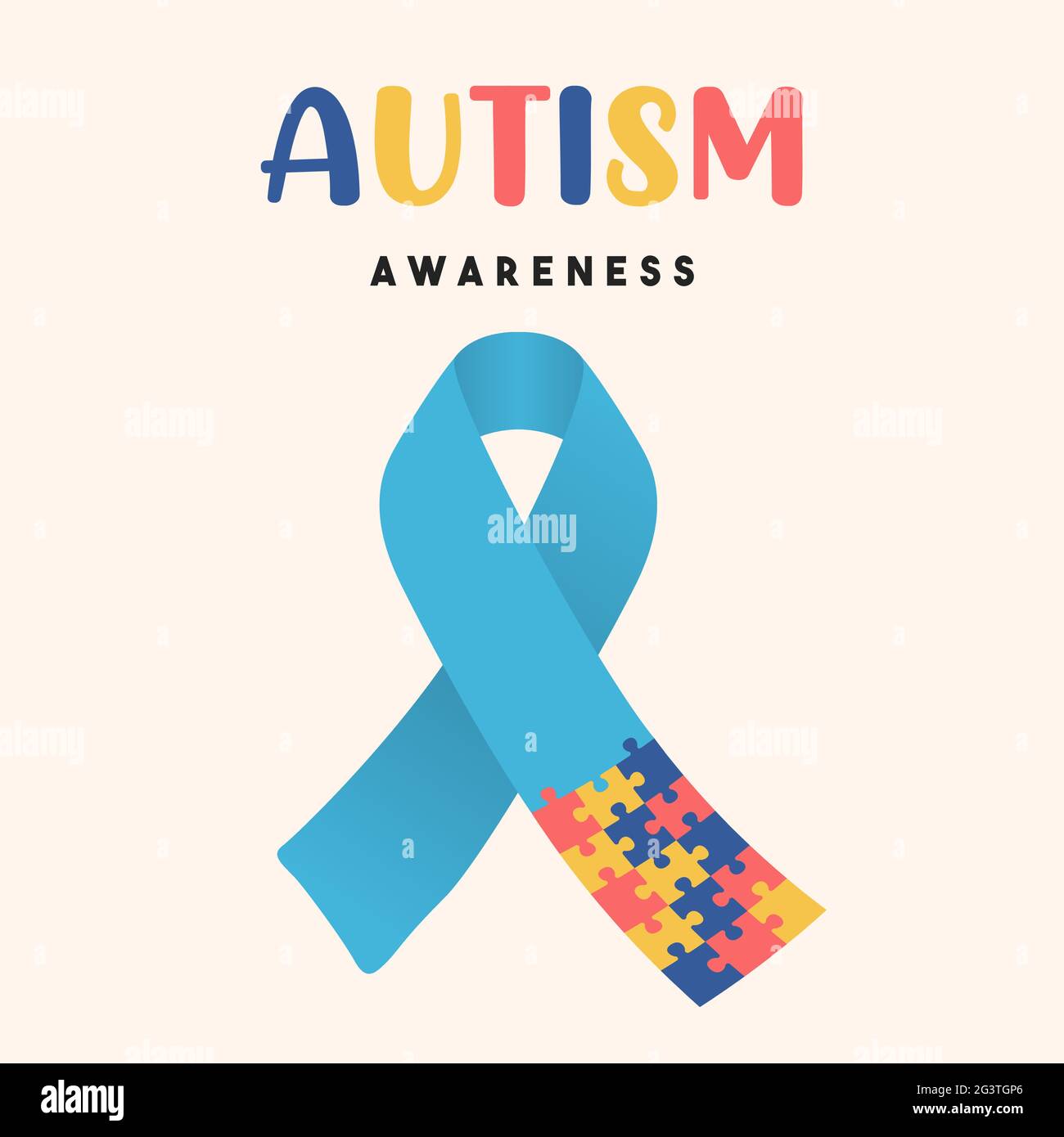 Autismo giorno di consapevolezza biglietto di saluto illustrazione di fiocco nastro con pezzi puzzle colorati. Concetto di educazione dei bambini, capacità di apprendimento diverse. Supporto Illustrazione Vettoriale