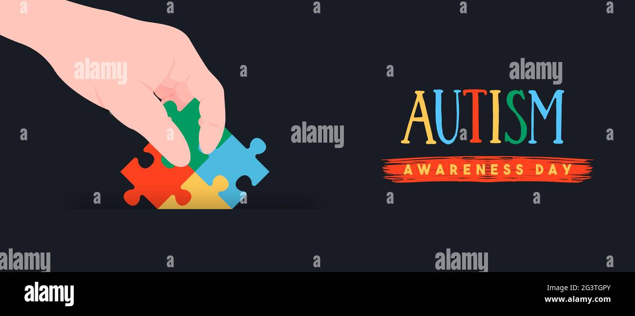 Autismo giorno di consapevolezza banner web illustrazione di bambini mano con pezzo puzzle colorato. Concetto di educazione dei bambini, disegno di psicologia dei bambini per il 2 aprile e. Illustrazione Vettoriale