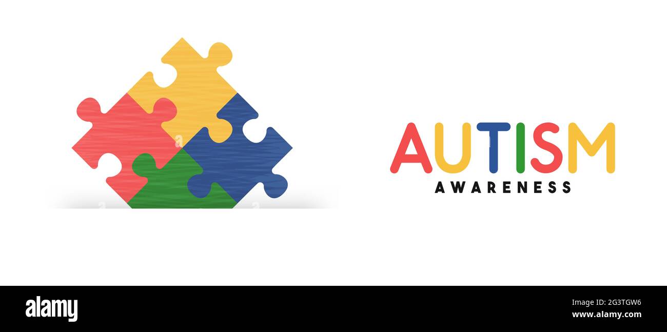 Autismo giorno di consapevolezza web banner illustrazione di sfondo puzzle colorato. Concetto di educazione dei bambini, capacità di apprendimento diverse. Evento di supporto di aprile Illustrazione Vettoriale