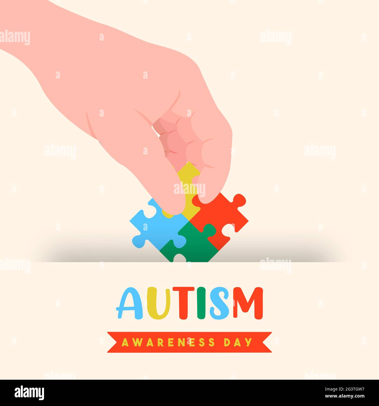 Autismo giorno di consapevolezza biglietto di benvenuto illustrazione dei bambini mano con pezzo puzzle colorato. Concetto di educazione dei bambini, disegno di psicologia dei bambini per aprile Illustrazione Vettoriale