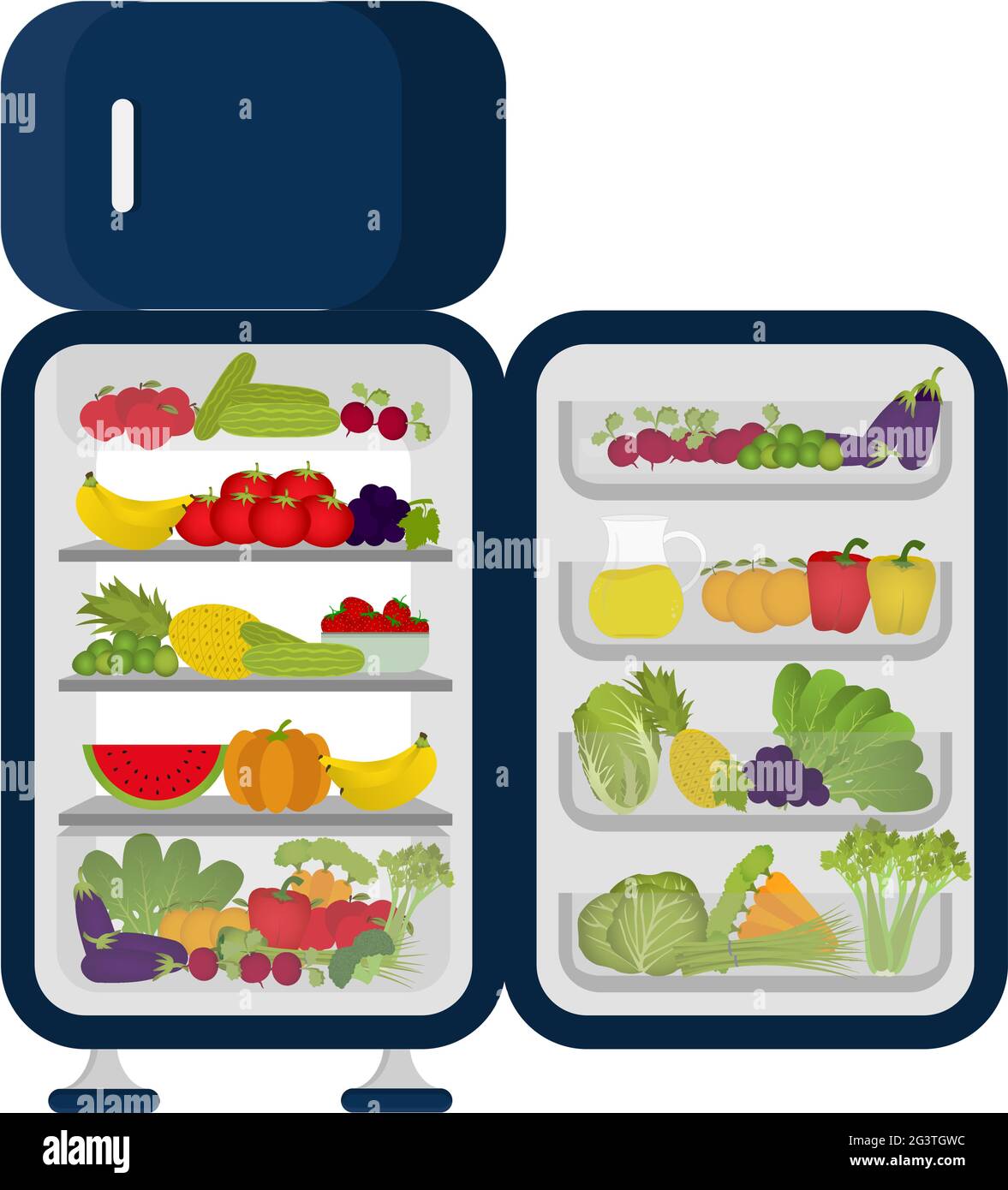 Frigorifero pieno solo di frutta e verdura. Senza latte e senza latte. Illustrazione Vettoriale