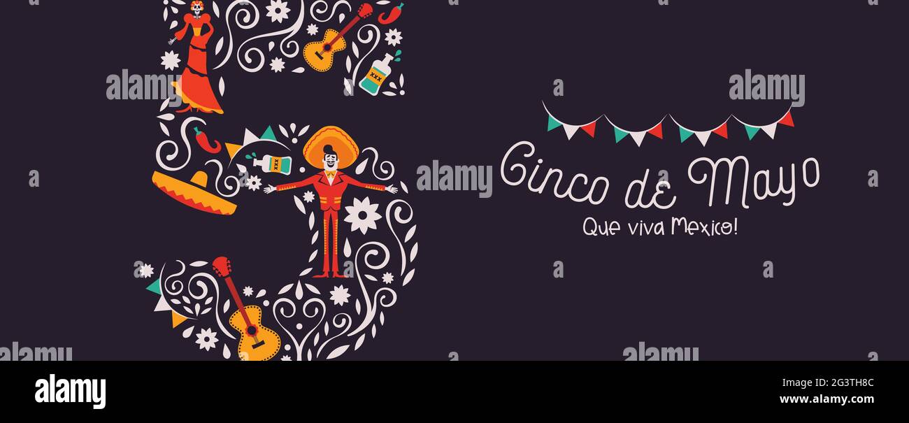 Happy Cinco de Mayo banner web illustrazione per la celebrazione dell'indipendenza del messico. 5 Maggio numero con decorazione culturale tradizionale. Include mariachi Illustrazione Vettoriale