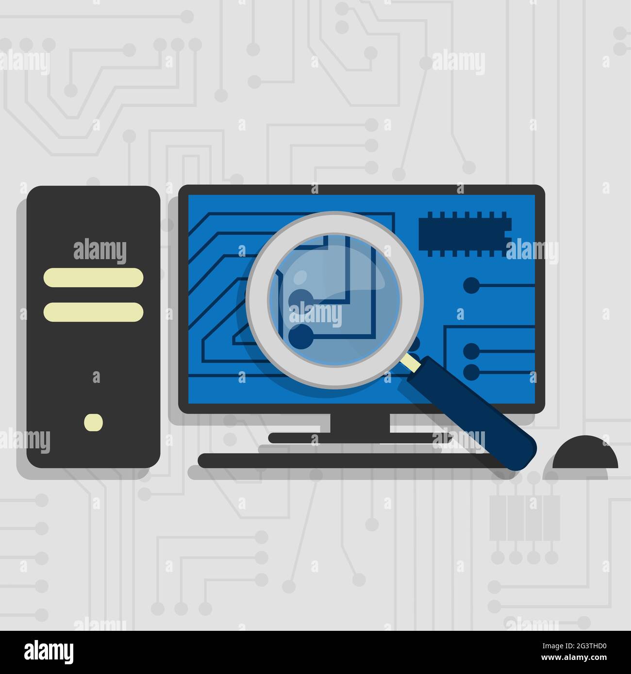 Analizzare l'hardware e il circuito elettronico del pc con una lente di ingrandimento. Illustrazione Vettoriale