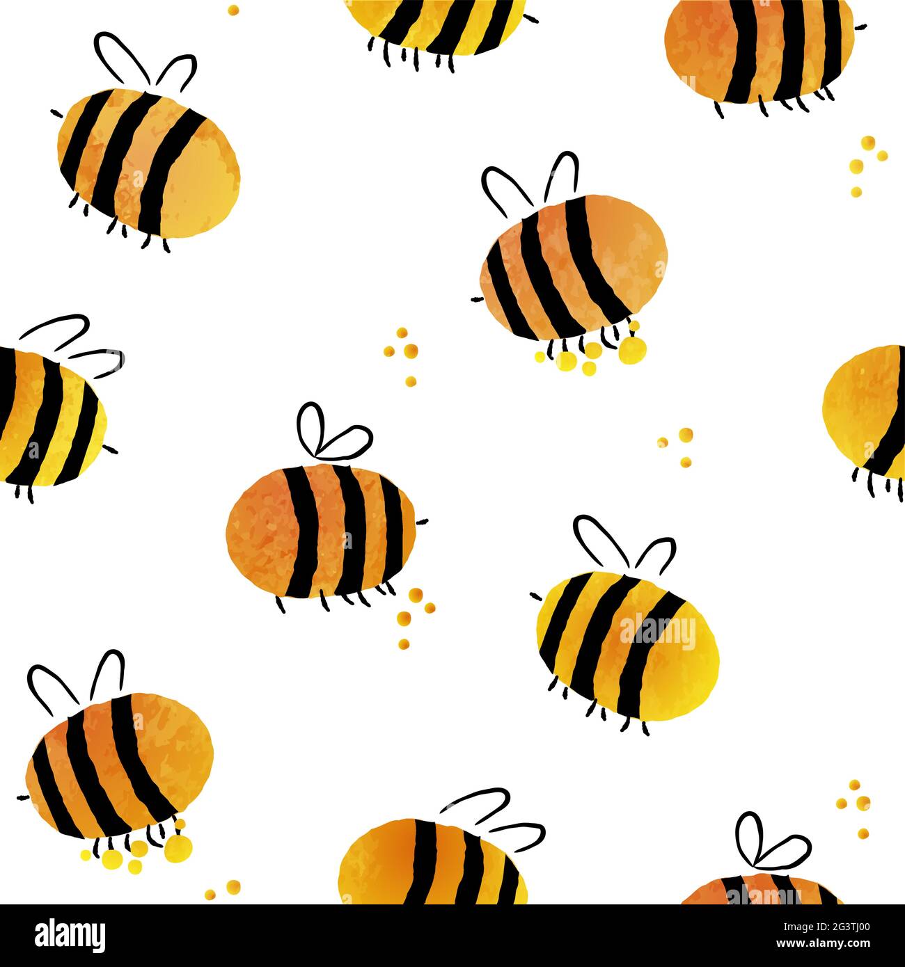 Bee acquerello doodle cartoon senza cuciture modello illustrazione con astratto bumblebee insetto su isolato sfondo bianco. Zainetto di api disegnate a mano per bambini Illustrazione Vettoriale