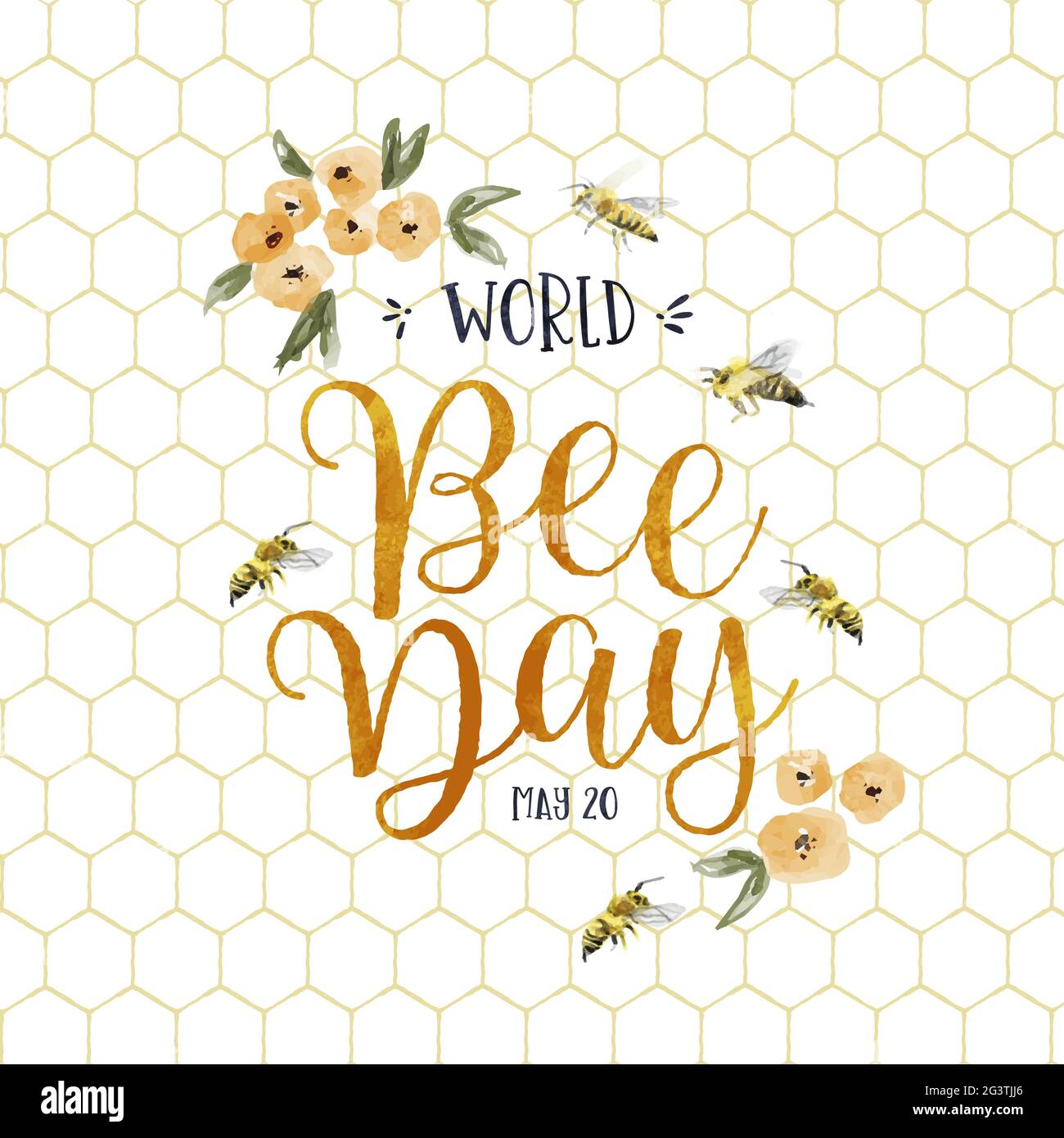 Biglietto d'auguri World Bee Day illustrazione di un insetto bumblebee disegnato a mano con decorazione di fiori di primavera gialla. Design eco-compatibile per eventi di vacanza per BE Illustrazione Vettoriale