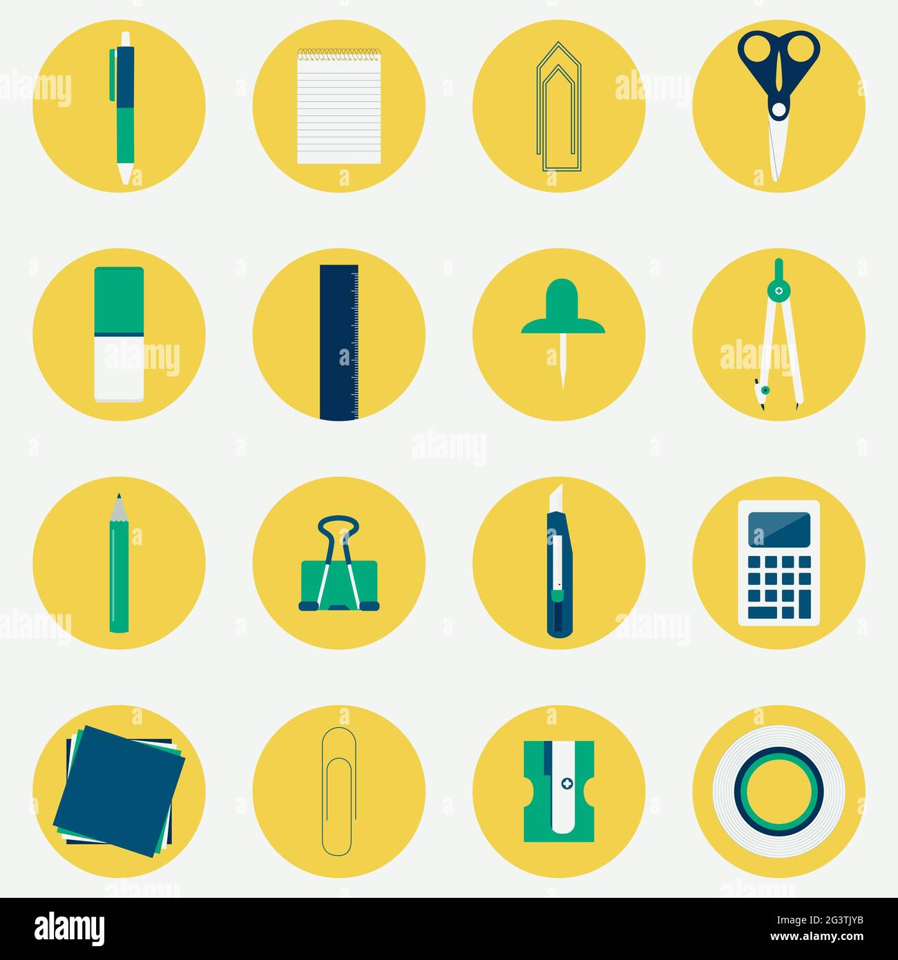 Icone circolari e colorate di diversi materiali di consumo per ufficio come forbici, matita, penna, bussola, stiletto, calcolatrice, righello, nastro di mascheratura, graffette, pen Illustrazione Vettoriale