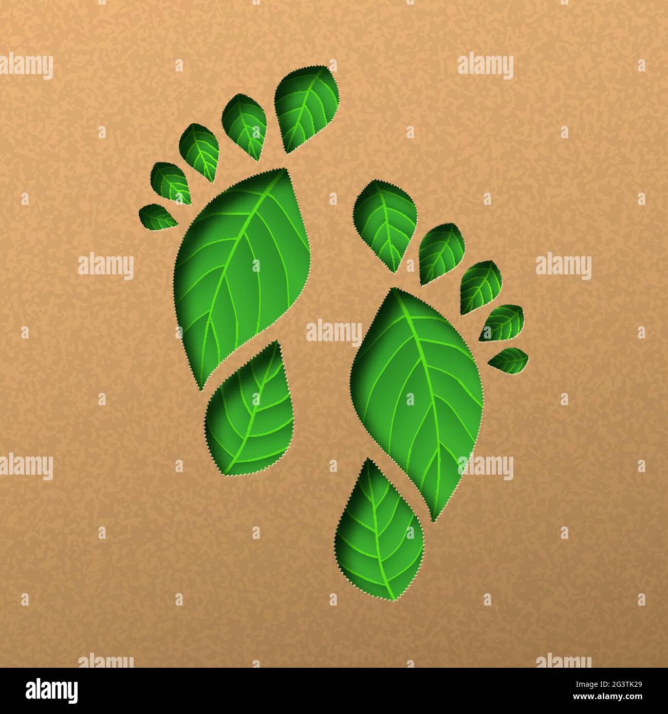 Stampa del piede umano con taglio di carta verde e trama delle foglie di pianta all'interno. Concetto di illustrazione 3d realistico in papercut per la cura della natura sul materiale riciclato Illustrazione Vettoriale
