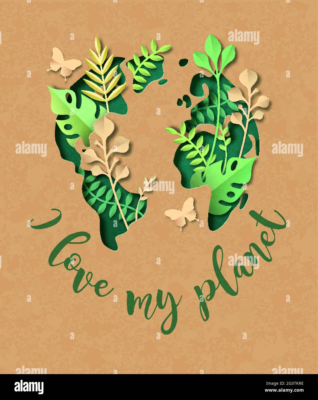 Amo il mio pianeta scritta biglietto d'auguri illustrazione di verde papercut mappa del mondo con pianta foglia giardino. Concetto di tutela dell'ambiente su carta riciclata b Illustrazione Vettoriale