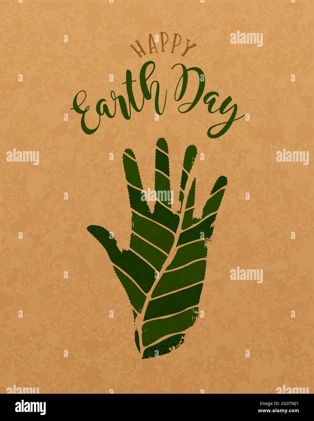 Illustrazione del biglietto d'auguri per il giorno della Terra felice per l'evento festivo del 22 aprile. Mano umana verde a forma di foglia su sfondo di carta riciclata. Ambiente c Illustrazione Vettoriale