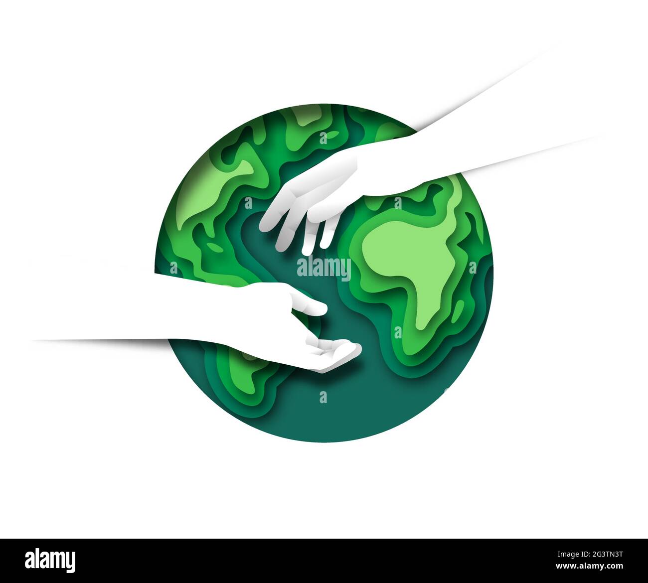 Due mani umane che si uniscono per aiutare con il taglio di carta 3d verde terra cerchio pianeta su sfondo bianco isolato. Concetto di ambiente, nat Illustrazione Vettoriale