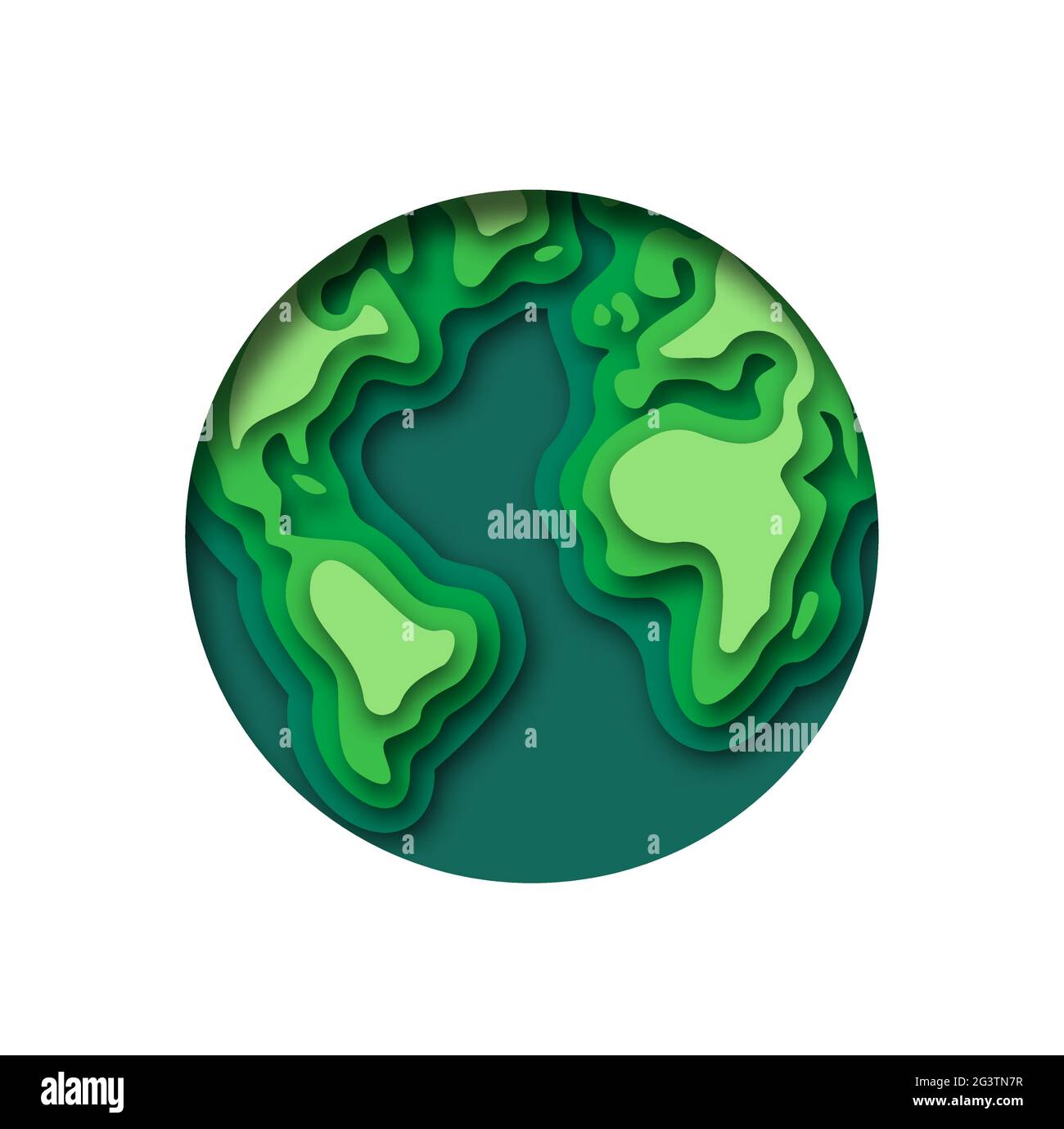 Carta taglio terra pianeta illustrazione del cerchio verde mondo con mappa di taglio stratificato. Concetto globale di tutela dell'ambiente, design 3D origami su un ambiente isolato Illustrazione Vettoriale