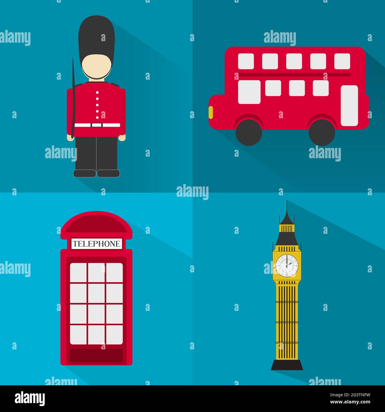 Quattro simboli della città di Londra´s - soldato, autobus, Big ben, cabina telefonica. Design piatto. Ombra lunga. Illustrazione Vettoriale