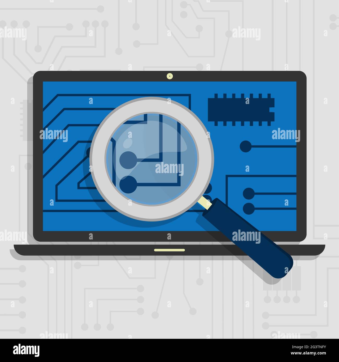 Analizzare l'hardware e il circuito elettronico del laptop con una lente di ingrandimento. Illustrazione Vettoriale
