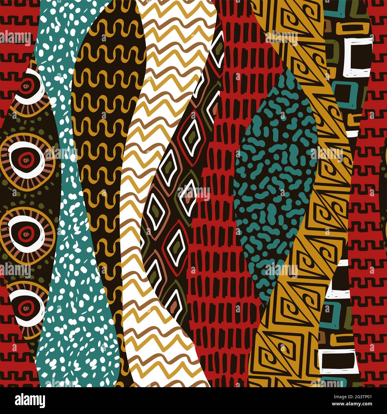 Arte tribale africana illustrazione senza giunture, sfondo colorato della cultura tradizionale africana. Etnico boho pittura decorazione carta da parati stampa. Illustrazione Vettoriale