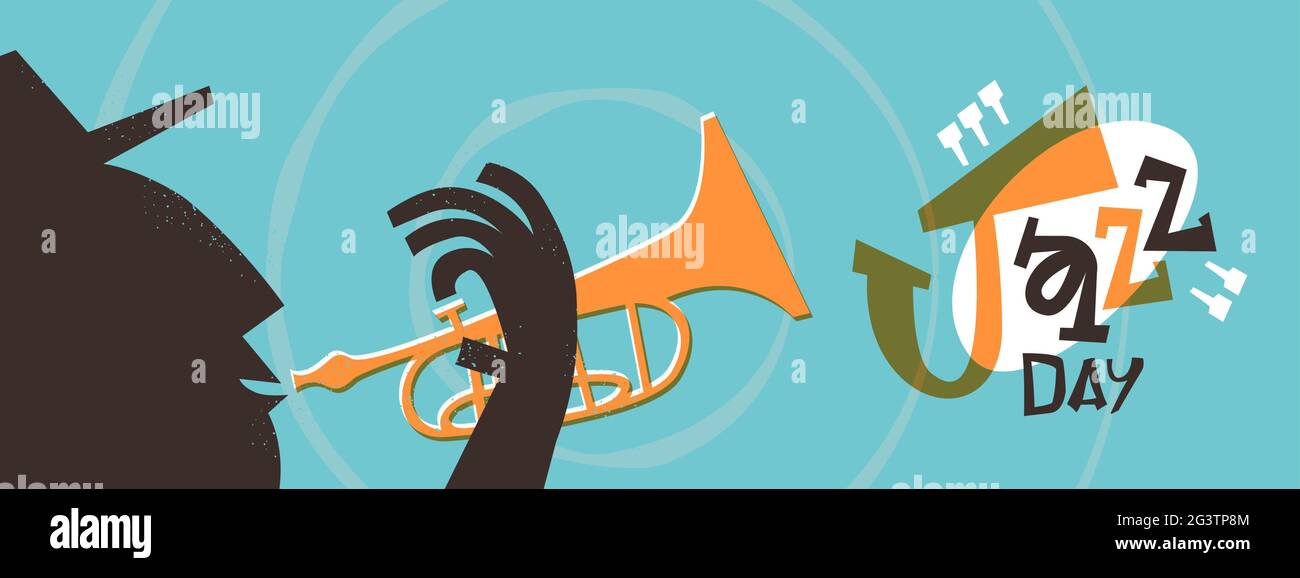 Jazz Day banner illustrazione di cartoon vintage uomo che gioca tromba. Retro metà secolo strumento band e divertente personaggio musicista per l'aprile 30 Holid Illustrazione Vettoriale