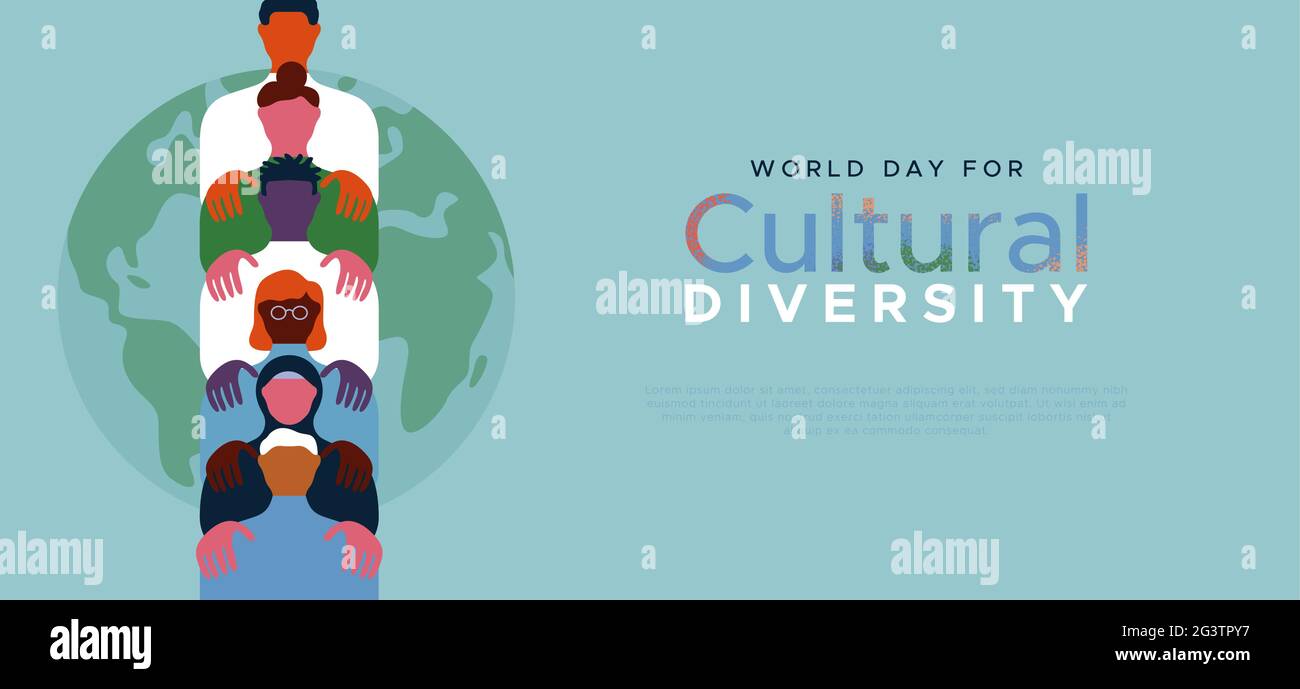 Giornata Mondiale per la diversità Culturale modello web illustrazione di persone diverse insieme in stile moderno piano cartone animato. Uomini e donne di diversa etnia Illustrazione Vettoriale