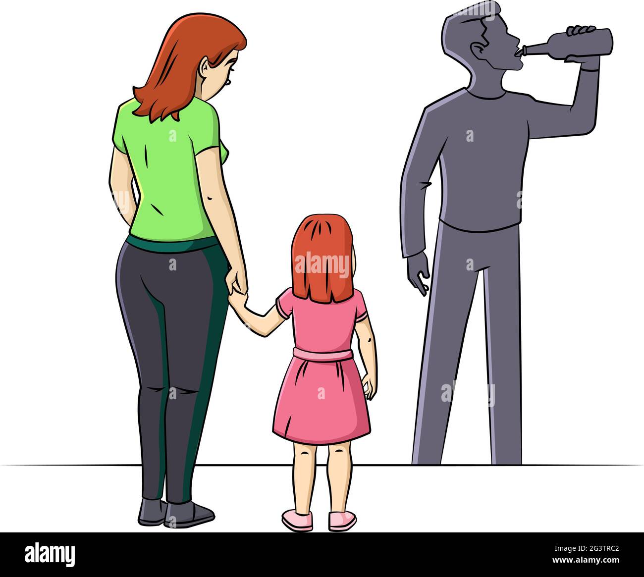 Cartoon vettore illustrazione di una mamma che tiene la mano del bambino con l'ombra del padre alcolico Illustrazione Vettoriale
