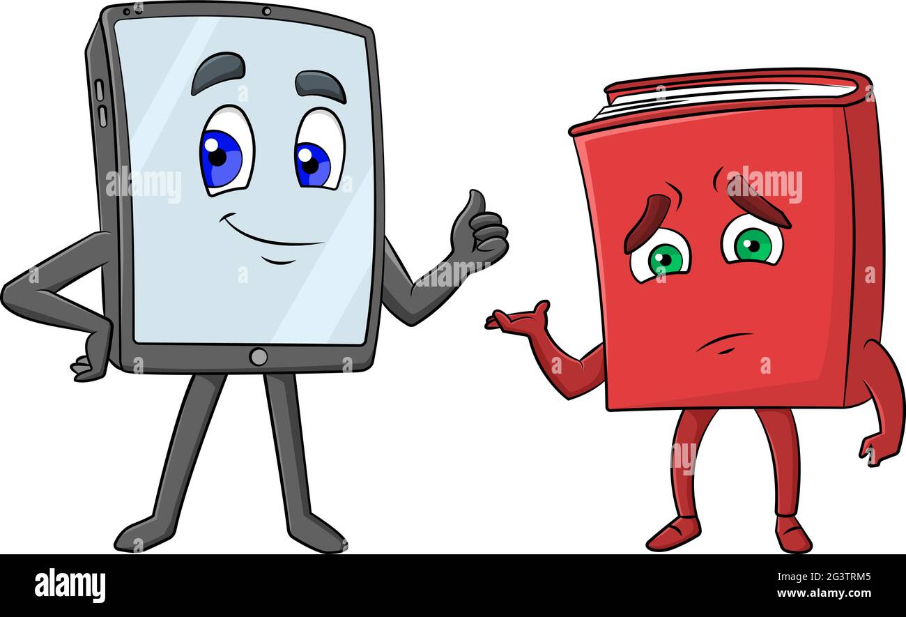 Illustrazione vettoriale cartoon di un carattere elettronico della tavoletta e triste vecchio carattere rosso del libro Illustrazione Vettoriale