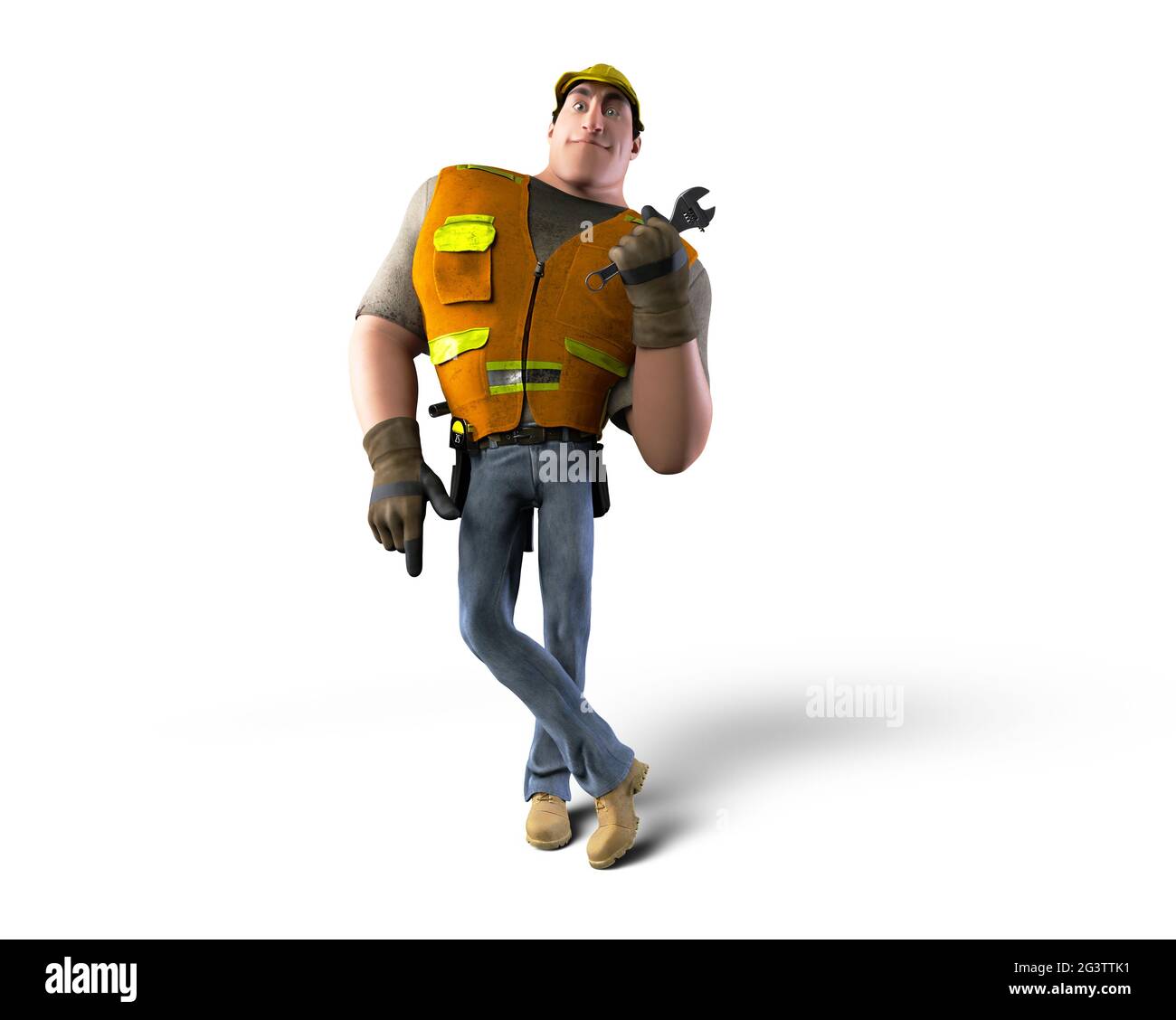 Simpatico personaggio cartoon del lavoratore di costruzione, ingegnere. - rendering 3d Foto Stock