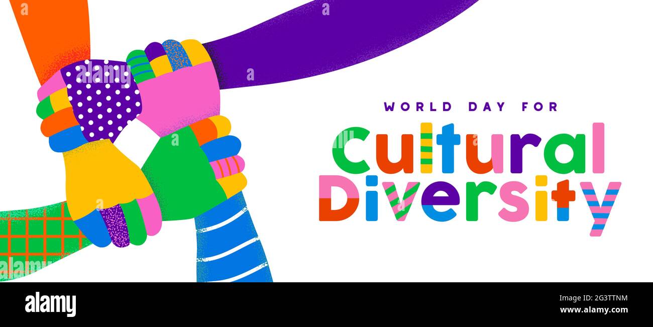 Giornata mondiale per la diversità culturale biglietto di auguri illustrazione di persone colorate mani che tengono insieme le braccia, il concetto di sostegno amicizia. Etnie diverse Illustrazione Vettoriale