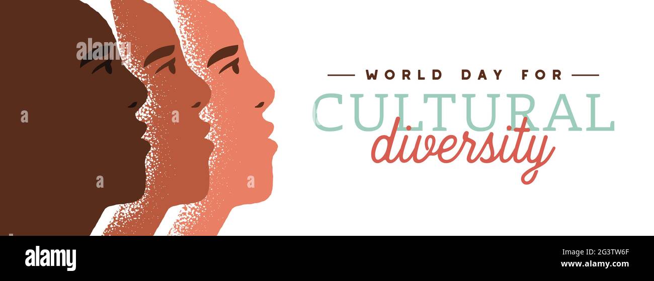 Giornata mondiale per la diversità culturale banner web illustrazione di diverse etnie razza persone affrontare insieme. Concetto di identità culturale uomo e donna. Sociale Illustrazione Vettoriale