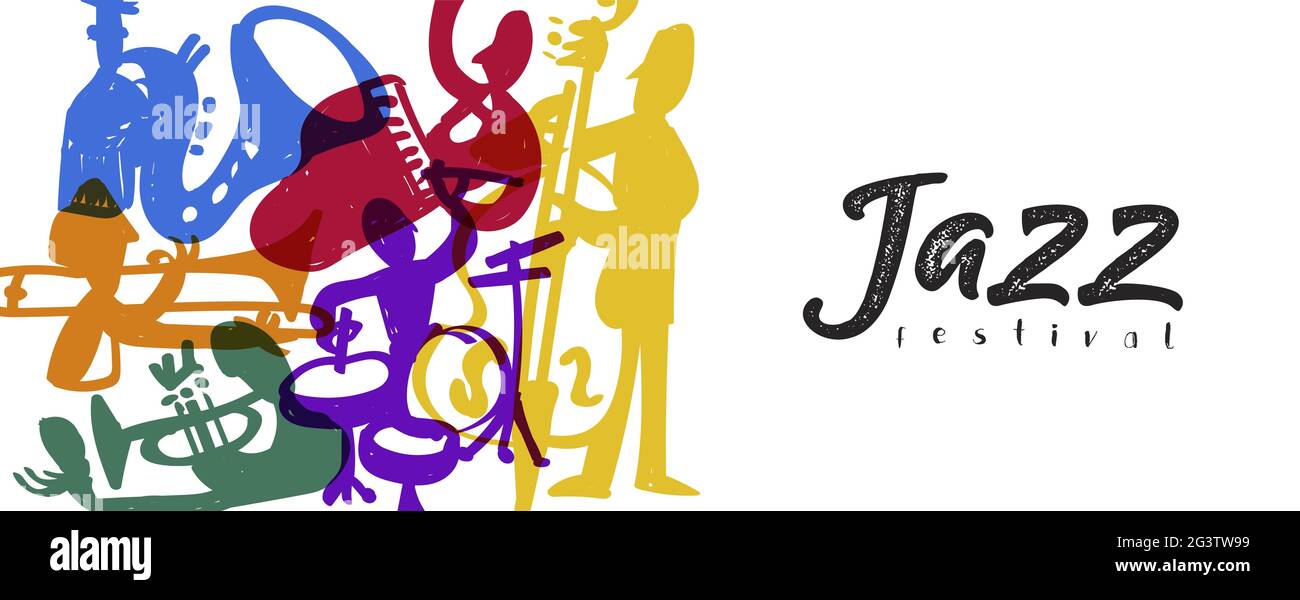Jazz Festival web banner modello illustrazione di colorati doodle cartoni animati musica band personaggi. Comprende pianoforte, sassofono, tromba uomini. Illustrazione Vettoriale