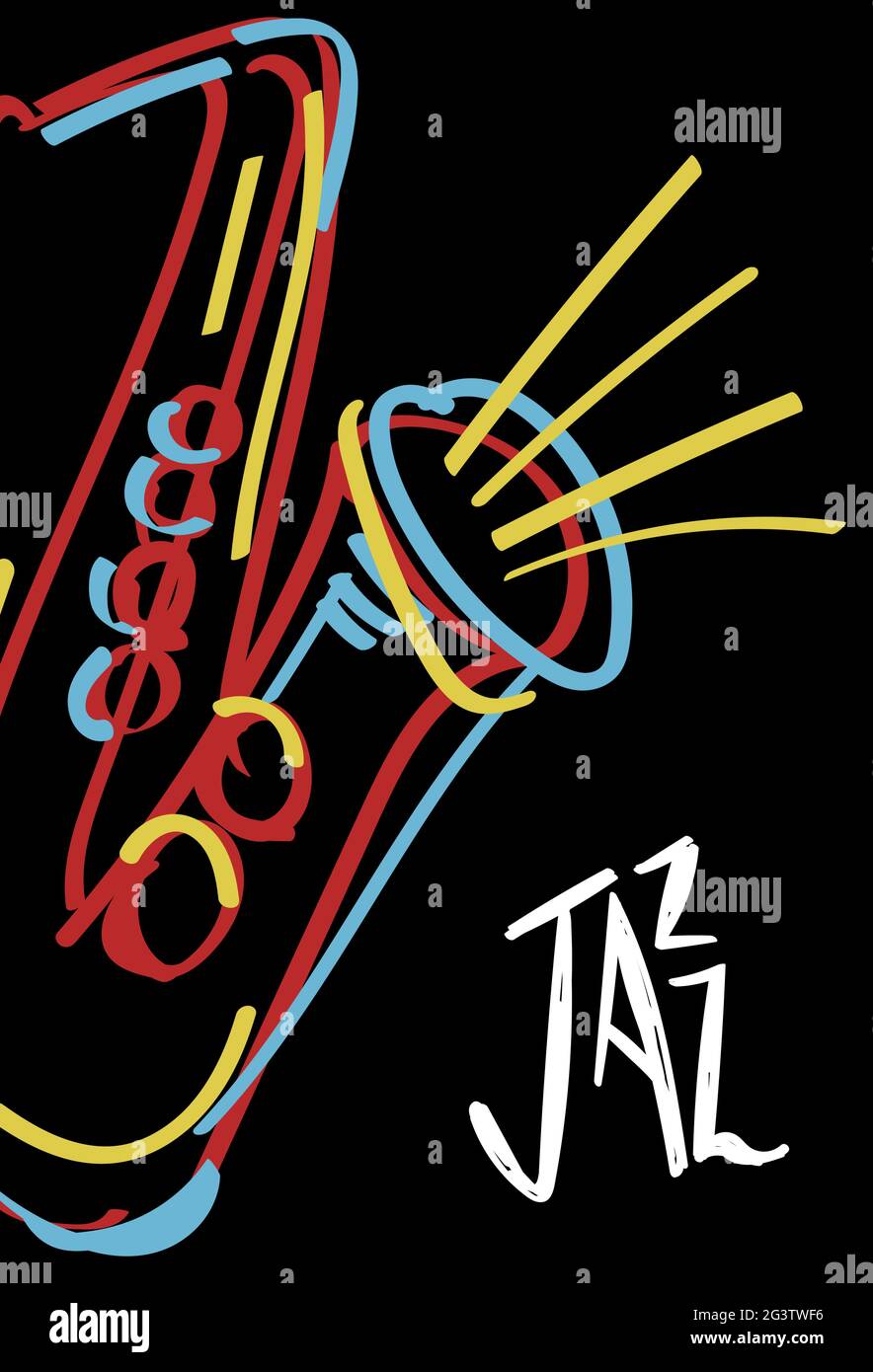 Musica jazz poster illustrazione di colorato sassofono astratto strumento doodle disegnato a mano. Modello di concerto musicale per night club o festival Illustrazione Vettoriale