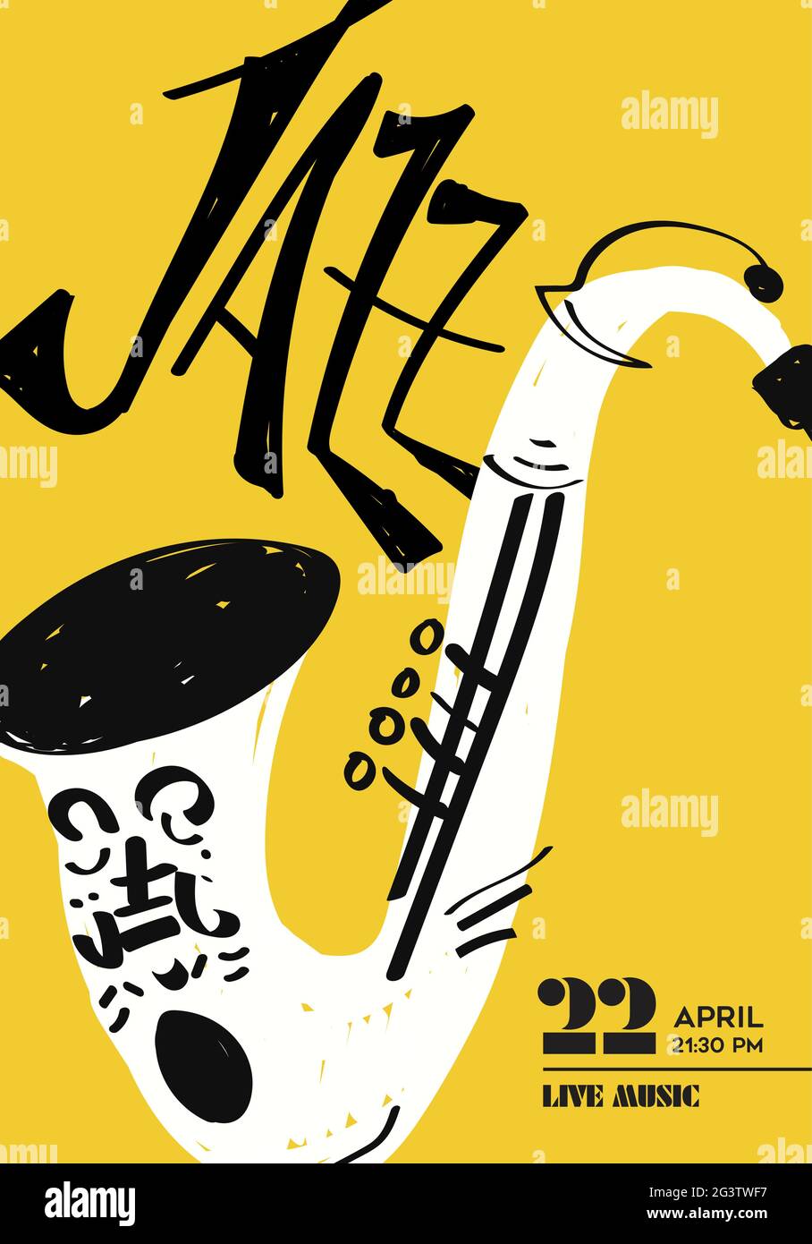 Poster di musica jazz illustrazione di divertente sassofono strumento doodle disegnato a mano. Modello di concerto musicale per night club o festa del festival. Illustrazione Vettoriale