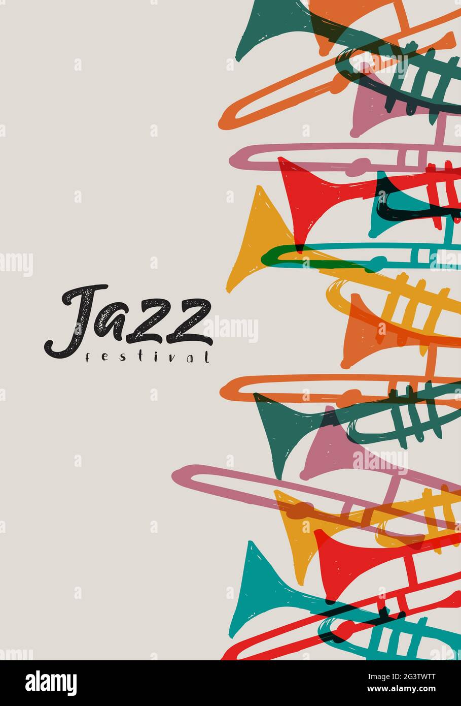Modello di illustrazione del poster del Jazz Festival. Colorato strumento di musica tromba decorazione doodle per concerti dal vivo evento o festa musicale. Illustrazione Vettoriale