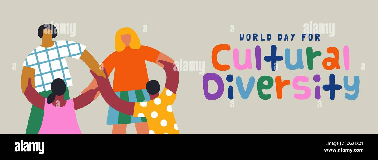 Giornata mondiale per la diversità culturale banner web illustrazione di diverse persone che tengono insieme le mani. Etnico mix gruppo di amici concetto, 21 maggio festa vigilia Illustrazione Vettoriale