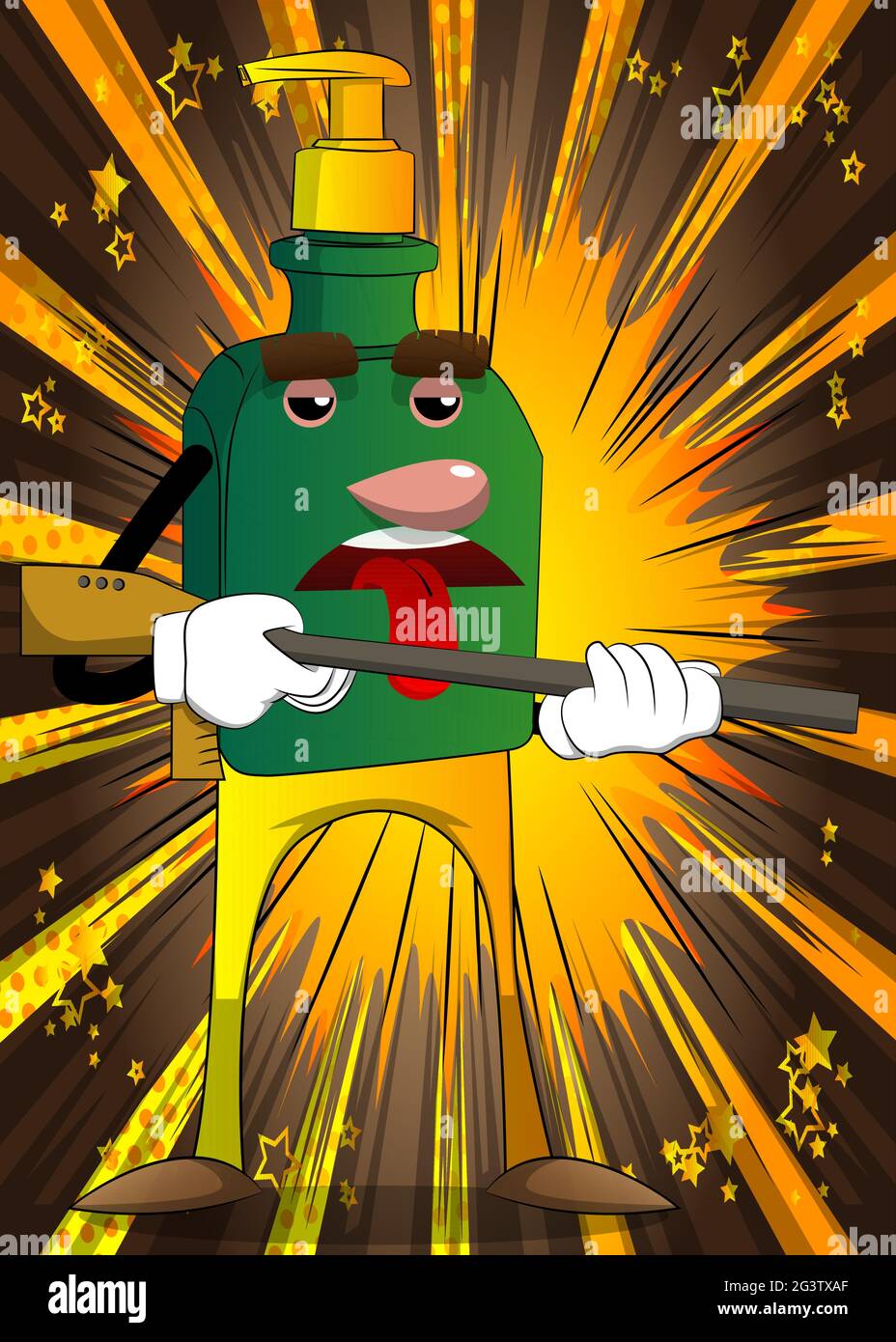 Bottiglietta cartoon di gel igienizzante per mani per l'igiene con viso con una pistola grande. Illustrazione Vettoriale