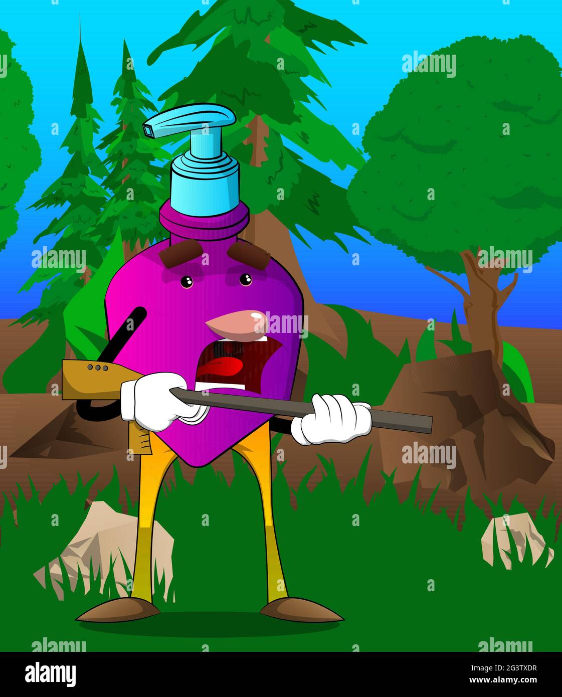 Bottiglietta cartoon di gel igienizzante per mani per l'igiene con viso con una pistola grande. Illustrazione Vettoriale