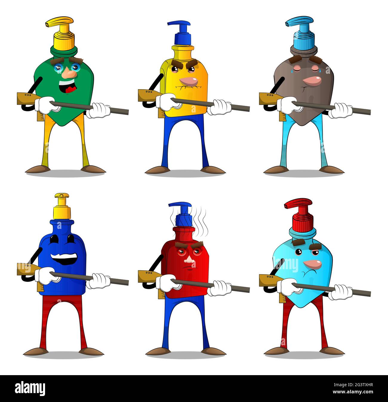 Bottiglietta cartoon di gel igienizzante per mani per l'igiene con viso con una pistola grande. Illustrazione Vettoriale