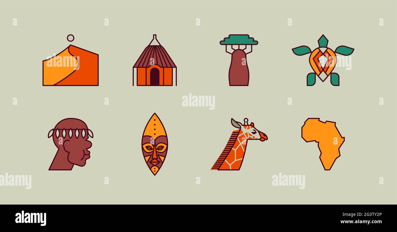 Set di icone della cultura africana in stile cartoon moderno e piano. La collezione di simboli di linee geometriche alla moda include uomo tribù, maschera, giraffe e conti Illustrazione Vettoriale