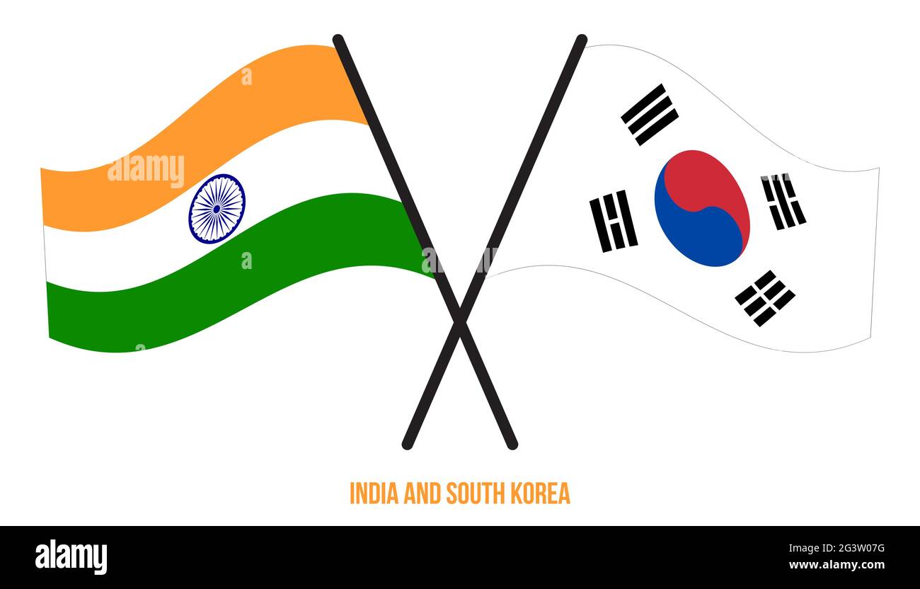 India e Corea del Sud Bandiere incrociate e ondulate in stile piatto. Proporzione ufficiale. Colori corretti. Illustrazione Vettoriale