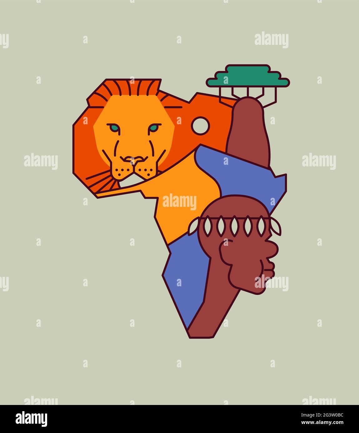 Africa continente illustrazione concetto di cultura tradizionale africana decorazione in forma di mappa. Moderno stile cartone animato a forma piatta. Include deser del sahara Illustrazione Vettoriale