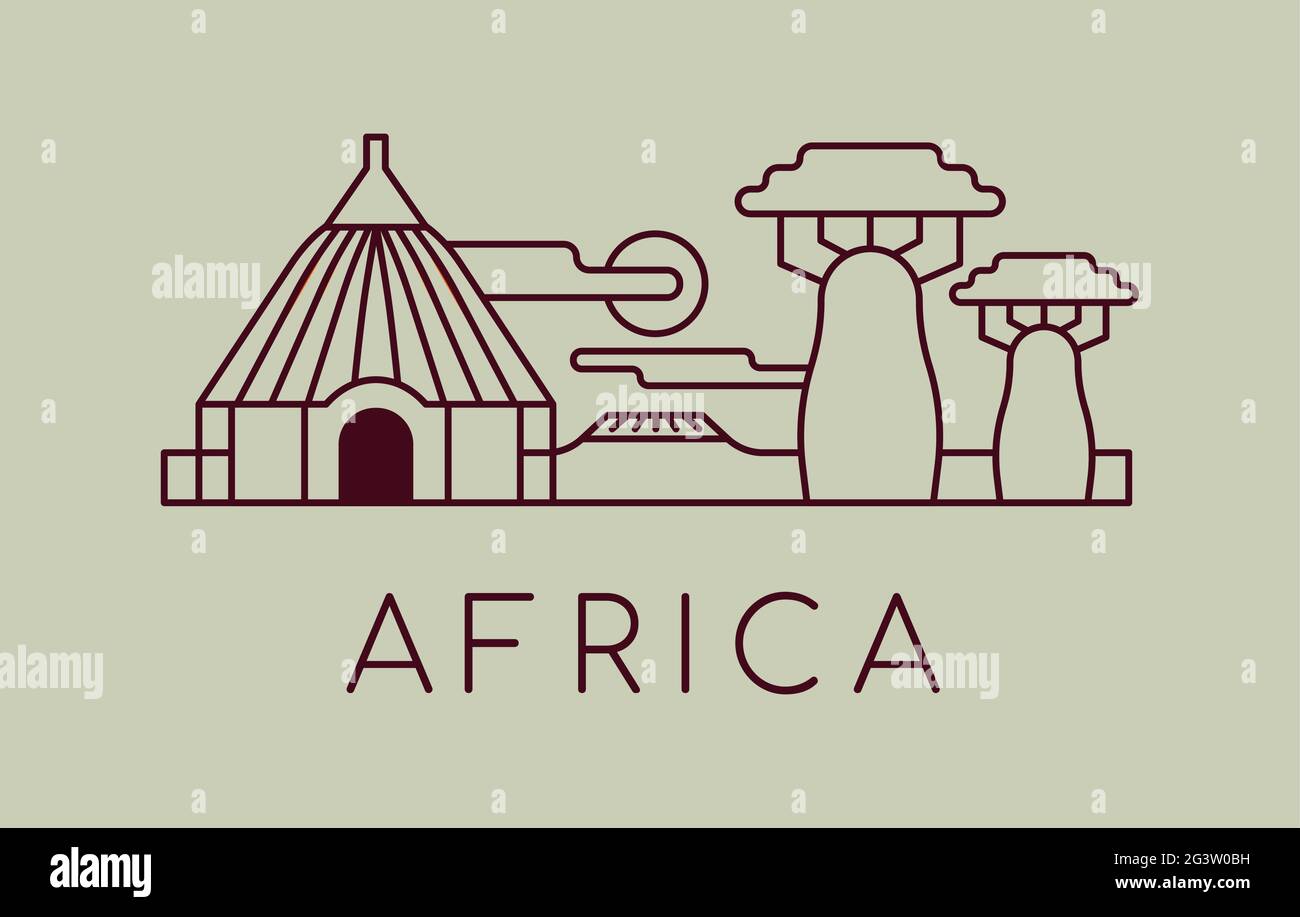 l'africa in bianco e nero viaggio concetto illustrazione del paesaggio africano tradizionale con casa di fango, albero di baobab. Cartoni animati semplici su ba isolata Illustrazione Vettoriale