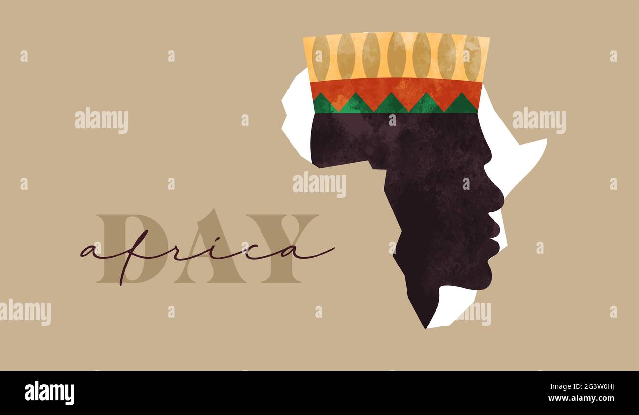 Illustrazione del biglietto d'auguri per il giorno dell'Africa, mappa del continente africano fatta di faccia nera dell'uomo con cappello tradizionale tribale d'arte. Maggio 25 festeggiamenti design Illustrazione Vettoriale
