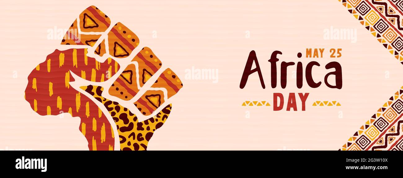 Illustrazione del banner Web del giorno dell'Africa. 25 possa la celebrazione della libertà della gente. Mappa colorata del continente africano fatta di pugno di mano per attivismo o potere sociale c Illustrazione Vettoriale Illustrazione del banner Web del giorno dell'Africa. 25 possa la celebrazione della libertà della gente. Mappa colorata del continente africano fatta di pugno di mano per attivismo o potere sociale c Illustrazione Vettoriale
