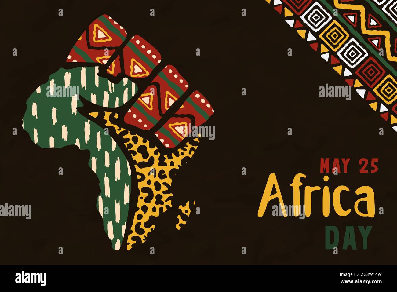 Illustrazione del biglietto d'auguri per il giorno dell'Africa. 25 possa la celebrazione della libertà della gente. Mappa colorata del continente africano fatta di pugno di mano per attivismo o polvere sociale Illustrazione Vettoriale Illustrazione del biglietto d'auguri per il giorno dell'Africa. 25 possa la celebrazione della libertà della gente. Mappa colorata del continente africano fatta di pugno di mano per attivismo o polvere sociale Illustrazione Vettoriale