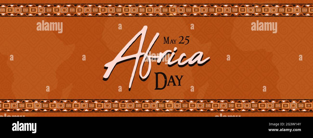 Maggio 25 Africa giorno banner illustrazione con tradizionale tribale mano disegnata arte e citazione di testo per la liberazione africana vacanza. Colorata cultura etnica de Illustrazione Vettoriale