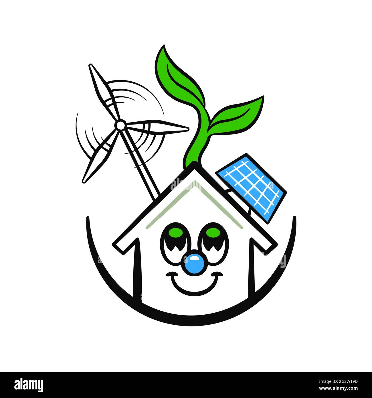 Concetto di illustrazione eco-house. Divertente simpatico personaggio cartoon di casa moderna verde con tecnologia a energia pulita su sfondo bianco isolato. Illustrazione Vettoriale