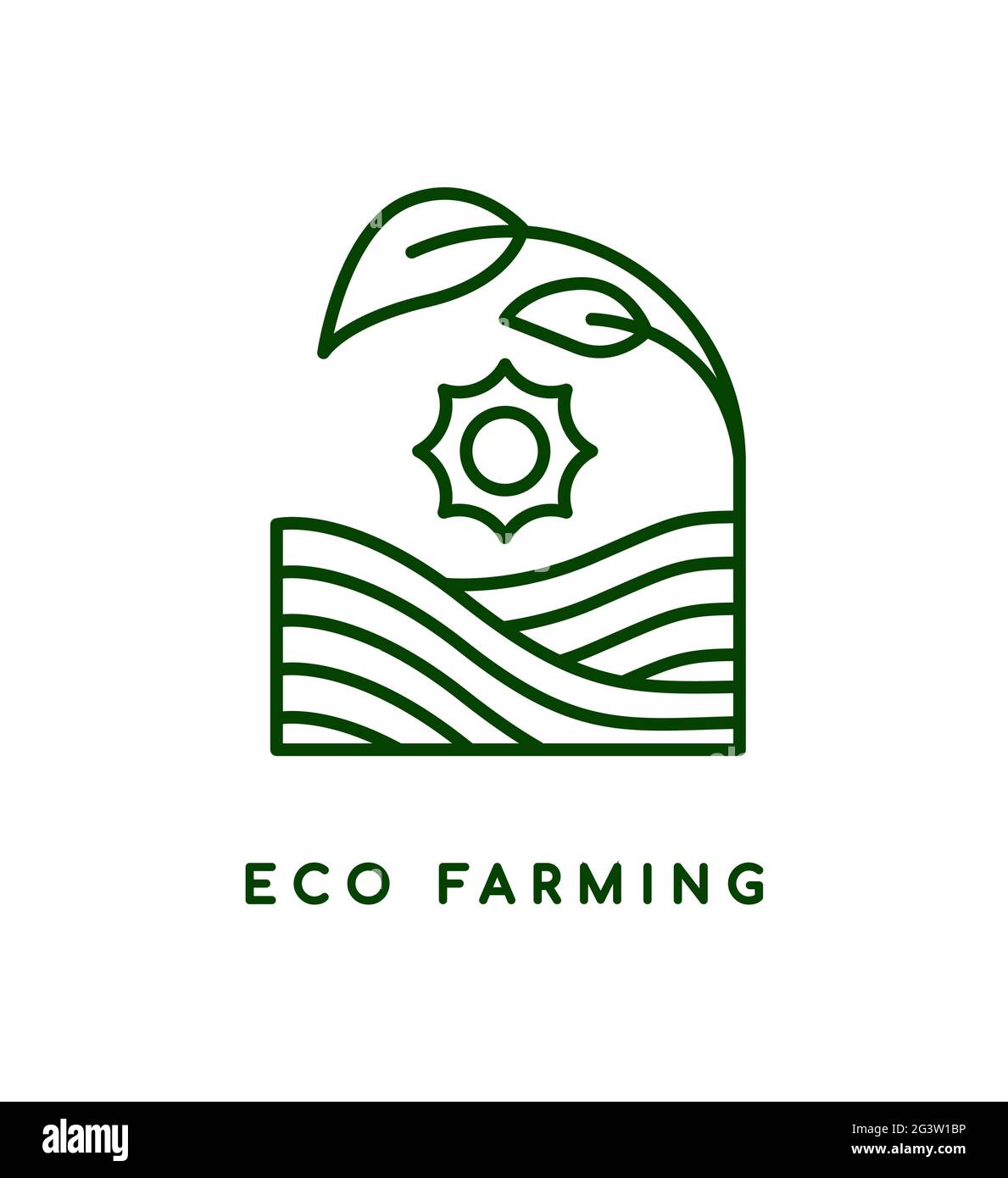 Informazioni sull'illustrazione dell'icona Eco Farming. Moderna linea piatta simbolo di campo rurale fattoria con sole e foglia di pianta per la raccolta biologica o progettazione di cura della natura. Illustrazione Vettoriale